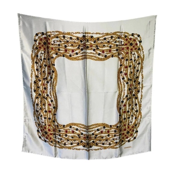 CHANEL Scarf Stole 100% Silk Coco Mark Jewelry Cream Gold EUC - Picture 1 of 15